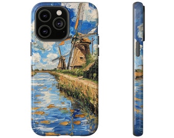 Van Gogh Style iPhone Case - Scenic Landscape with Windmills - Tough Protection for iPhone 15/14 - Artistic Tech Gift