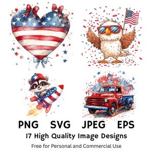 Lot de cliparts drôle du 4 juillet, coeur de drapeau des États-Unis, drôle de raton laveur sauvage, raton laveur fusée, crème glacée américaine, milk-shake, poussin en liesse, numérique