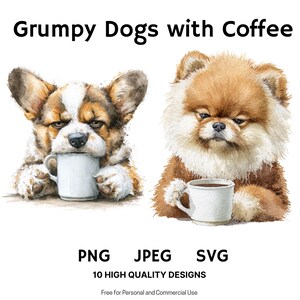 Grumpy Dog Clipart met koffie - schattige digitale hondenkunst voor mokken, T-shirts en printables - Perfect voor hondenliefhebbers cadeau, koffieliefhebber cadeau
