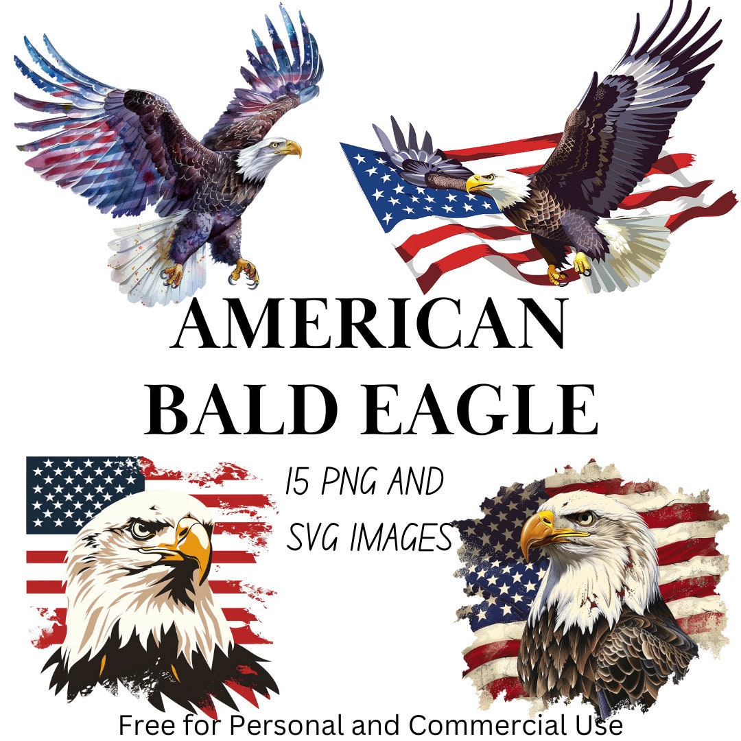 15 USA Patriotic Bald Eagle Flag Clipart Bundle, Transparent Clipart