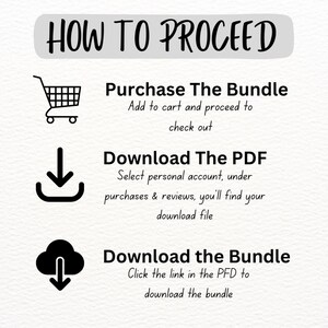 May include: An infographic titled "HOW TO PROCEED" with instructions for purchasing and downloading a bundle. The steps include adding to cart, downloading a PDF, and downloading the bundle. Icons of a shopping cart, a downward arrow, and a cloud are included.