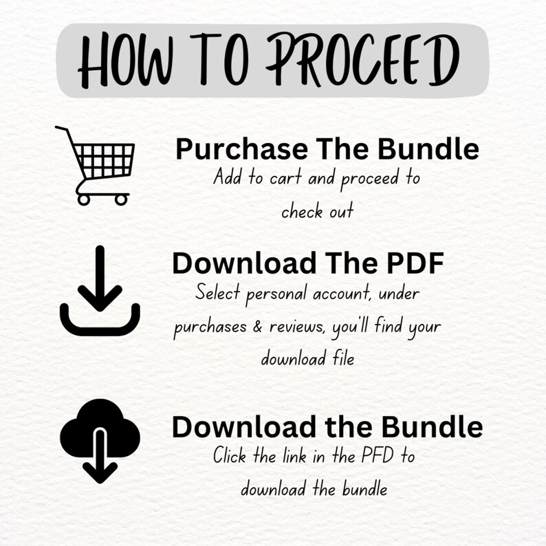 May include: An infographic titled "HOW TO PROCEED" with instructions for purchasing and downloading a bundle. The steps include adding to cart, downloading a PDF, and downloading the bundle. Icons of a shopping cart, a downward arrow, and a cloud are included.