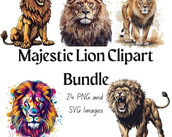 Watercolor Lion Clipart Bundle, 24 PNG & SVG Images for Creative Projects