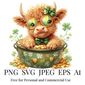 Cute Baby Highland Cow PNG, St Patricks Day Coquette, St Paddys SVG, Baby Highland Cow TShirt Design, Whimsical Digital, Commercial Use