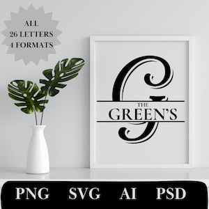 Paquete SVG de monograma con marco de letra dividida: elegantes imágenes prediseñadas del alfabeto cursivo y marcos de apellidos personalizados para regalos caseros.