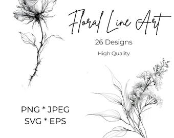 May include: A digital collection of black and white floral line art featuring a rose and a leafy branch. The text reads Floral Line Art, 26 Designs, High Quality, PNG, JPEG, SVG, EPS, and Free for Personal and Commerical Use.