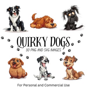 Quirky Dog Clipart Bundle - Cartoon Style Pooches with Transparent Background, Perfect for Crafting and Scrapbooking, Gift for Dog Lovers