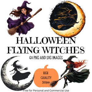Fliegende Hexen Clipart Bundle, Halloween Hexe auf Besen, Mond Hexe, Gruselige digitale Kunst für Handwerk, DIY, Halloween Dekor,