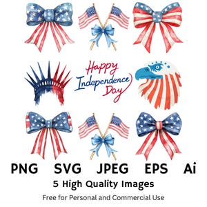 Independence Day patriottische clipart, American Flag Bow, Lady Liberty & Bald Eagle, USA T-shirtontwerp voor 4 juli-cadeaus, PNG, SVG