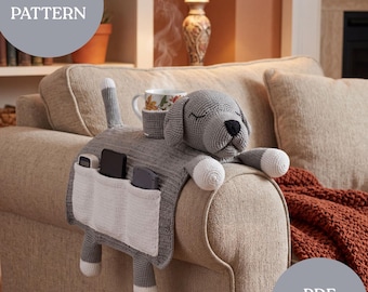 Häkelanleitung für einen Hunde-Deko-Organizer, PDF-Anleitung für einen Sofa-Organizer mit 3 Fächern und Montagevideo