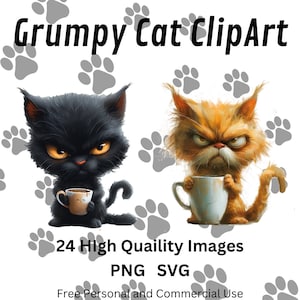 Clipart chat grincheux avec café - art numérique de chat pour des tasses, des t-shirts et des impressions - parfait pour un cadeau pour les amoureux des chats, un cadeau pour les amateurs de café