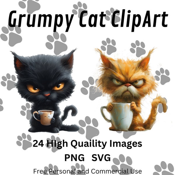 Grumpy Cat Clipart with Coffee - Digital Cat Art for Mugs, T-Shirts, and Printables - Perfect for Cat Lovers Gift, Coffee Lover Gift