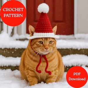May include: An orange tabby cat wearing a red and white crocheted Santa hat with a white pom-pom. The cat is sitting in the snow. The image includes the text "CROCHET PATTERN" and "PDF Download" in red circles.