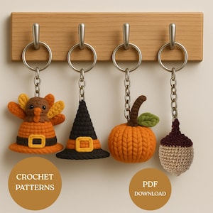 Fall Crochet Keychain Pattern PDF: Pumpkin, Witch Hat, Thanksgiving, Acorn, Beginner Friendly