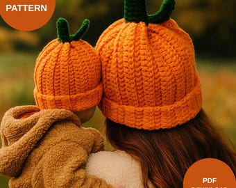 Fall Crochet Hat Pattern, Pumpkin Beanie PDF with Adjustable Sizing