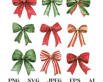 Christmas Bows PNG Bundle – Watercolor Red & Green Ribbons for Crafts