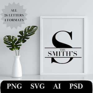 Paquete de imágenes prediseñadas de monograma de letras con marco dividido: alfabeto elegante para marcos de apellidos personalizados y regalos de decoración del hogar DIY, PNG SVG