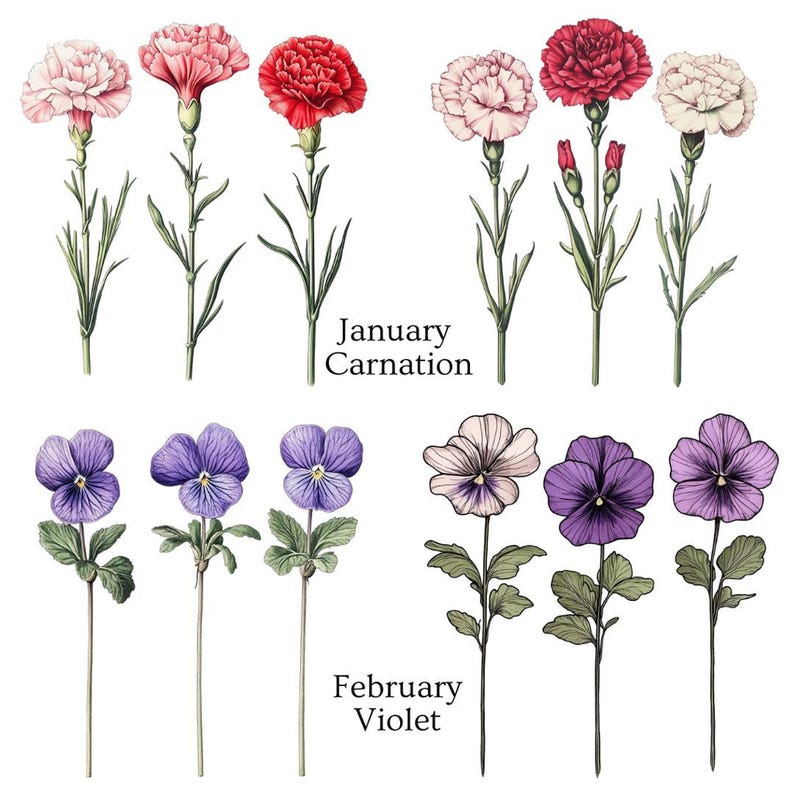 Two rows of carnation illustrations, with pink and red carnations labeled "January Carnation" and purple and white violets labeled "February Violet."