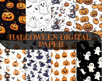 Digitales Paket mit 18 Halloween-Papieren: Nahtlose Kürbis-, Geister- und Hexenmotive