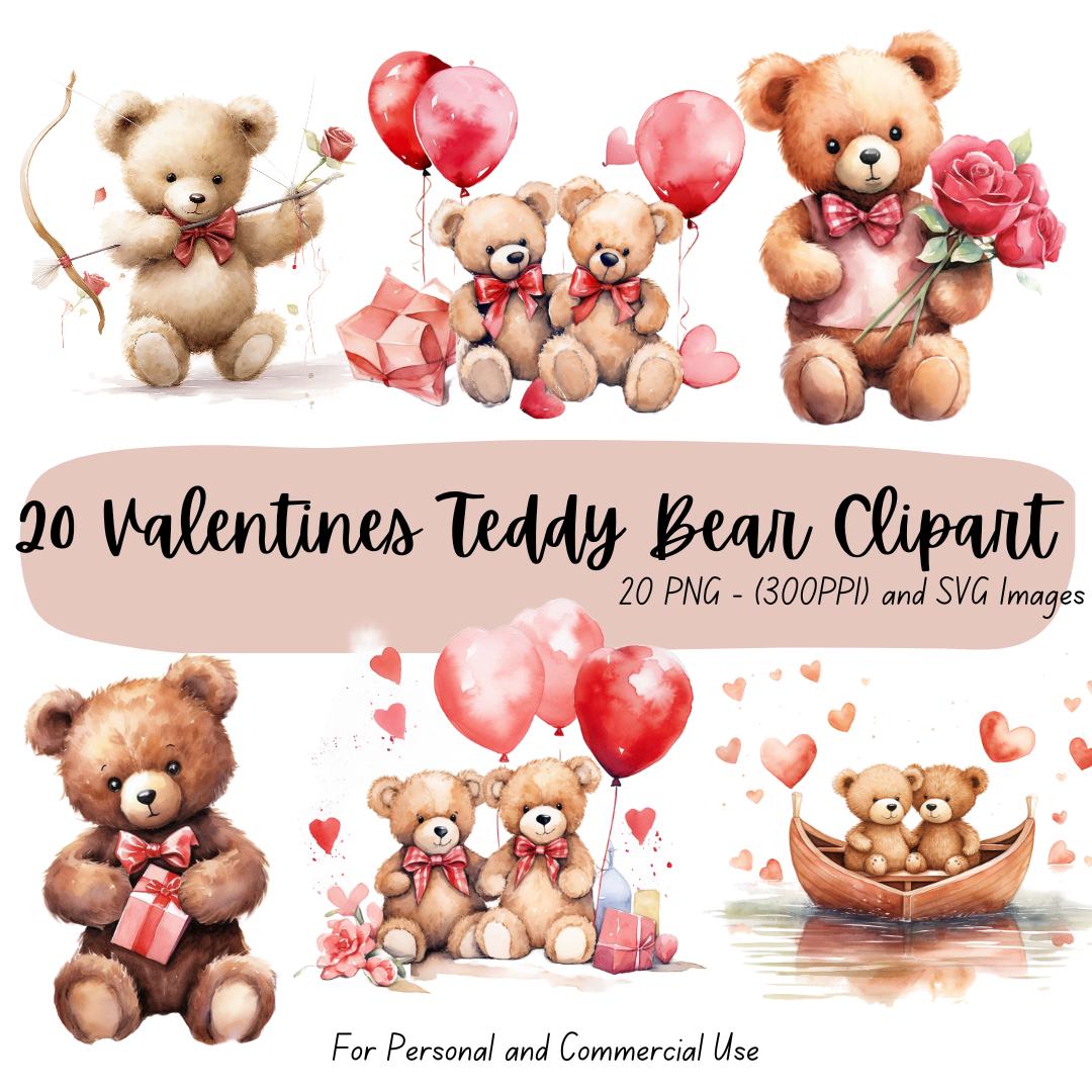 Watercolor Valentines Teddy Bear Clipart, 20 PNG Valentines Day Clipart ...