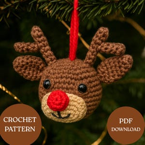 Rudolph Ornament Crochet Pattern PDF, Easy Reindeer Decoration for Christmas