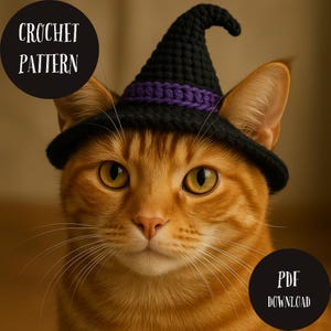 May include: An orange tabby cat wearing a black crochet witch hat with a purple band. The image includes the text "CROCHET PATTERN" and "PDF DOWNLOAD" in black circles. A Halloween-themed craft.