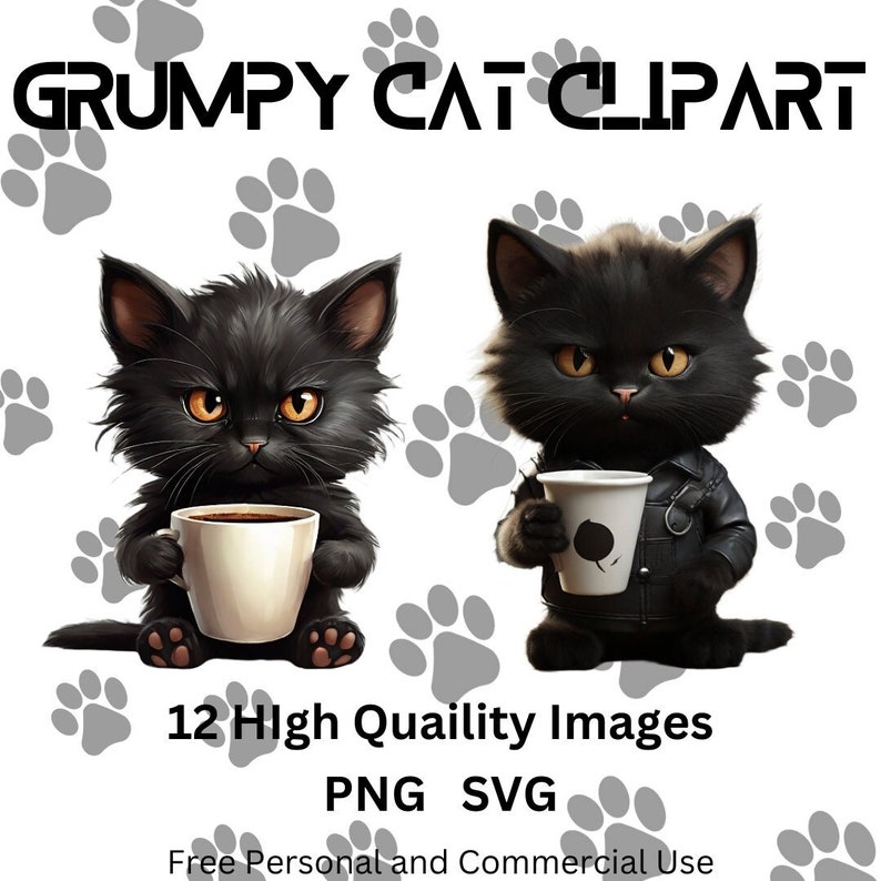 Grumpy Cat Clipart with Coffee Cute Digital Cat Art for Mugs, T-Shirts, and Printables Perfect for Cat Lovers Gift, Coffee Lover Gift image 1