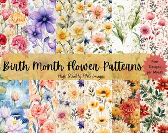 Birth Month Flower Patterns Bundle, 48 Watercolor PNG Designs for Commercial Use