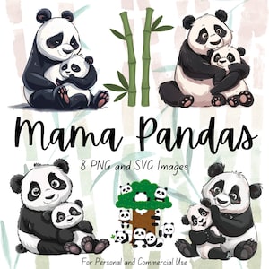 Mama Panda Clipart Set - schattige moeder en baby Panda Graphics voor Moederdagkaarten, DIY Gifts & Decor, Panda PNG, svg
