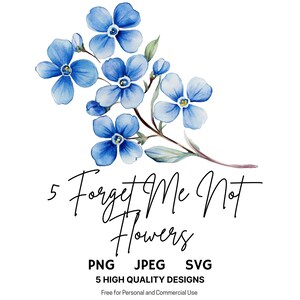 Impressions d'art fleurs aquarelle myosotis, pour votre amour pour toujours, 5 motifs floraux pour décoration murale, illustration botanique, PNG, SVG