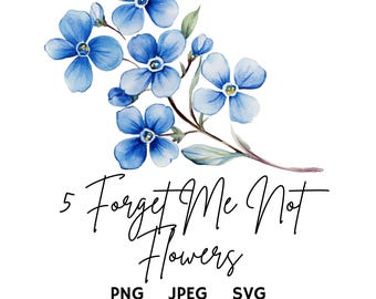 May include: Five watercolor illustrations of blue forget-me-not flowers with green stems and leaves. The text "5 Forget Me Not Flowers" is below the flowers. The text "PNG JPEG SVG 5 HIGH QUALITY DESIGNS Free for Personal and Commercial Use" is below the text "5 Forget Me Not Flowers".