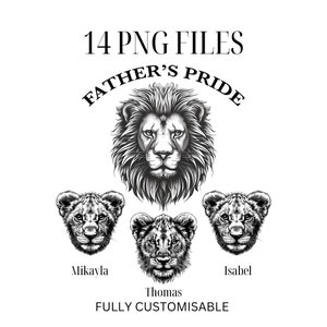 Paquete de imágenes prediseñadas del Día del Padre con león y cachorros, conmovedores gráficos de orgullo paterno para regalos personalizados, para padres de 1 a 4 hijos, imágenes PNG