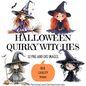 Quirky Witches Clipart Bundle, Strega di Halloween carina, Streghe su manico di scopa, Arte digitale spettrale per artigianato, fai da te, decorazioni di Halloween, inviti