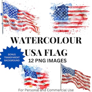 Download digital da bandeira dos EUA em aquarela, 12 imagens PNG com fundo transparente.