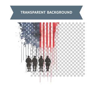 May include: An artistic depiction of the American flag with a transparent background. The flag design features a distressed look with the stars and stripes. Silhouetted soldiers stand at the bottom, adding a patriotic theme.