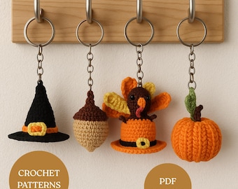 Patrón de llavero de crochet de otoño en PDF: Calabaza, sombrero de bruja, Acción de Gracias, bellota, apto para principiantes