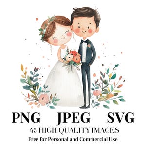 Può includere: Illustrazione ad acquerello di una sposa e uno sposo. La sposa indossa un abito da sposa bianco e tiene in mano un bouquet di fiori. Lo sposo indossa uno smoking nero. L'immagine include il testo "PNG JPEG SVG" e "45 HIGH QUALITY IMAGES".