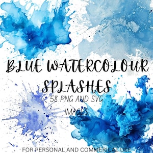 Watercolor Splash Bundle: 58 Blue PNG & SVG Graphics for Instant Download