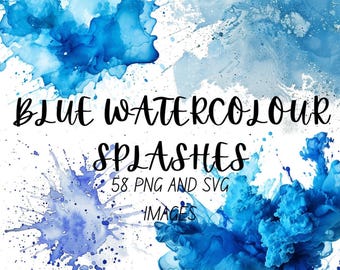 Watercolor Splash Bundle: 58 Blue PNG & SVG Graphics for Instant Download