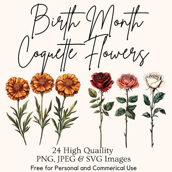 Birth Flower Clipart Set, Vintage Floral Illustrations in PNG, SVG, JPEG