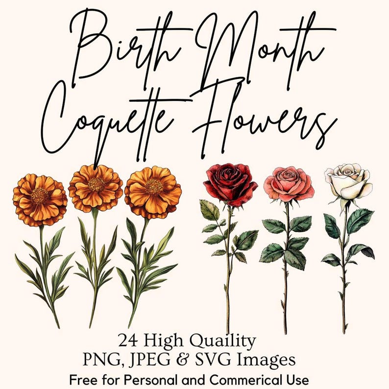 Four orange marigolds and four red, pink, and white roses are arranged in two rows, with text "Birth Month Coquette Flowers" above and "24 High Quality PNG, JPEG & SVG Images Free for Personal and Commerical Use" below.