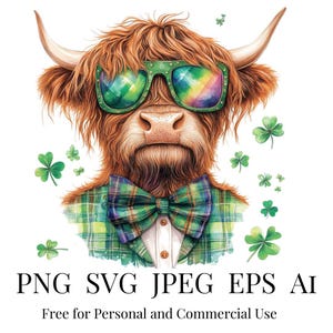 St Patrick's Day Highland Cow Coquette PNG - Mucca retrò con occhiali da sole e papillon, Clover Shamrock PNG, Clipart di mucca carina, uso commerciale