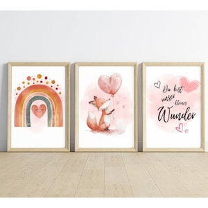 3er Posterset Kinderzimmer | Kinderposter Fuchs Regenbogen Herz Spruch Bild | Boho Kinderzimmerbilder Babyzimmer Bilderset  Tierposter A3 A4