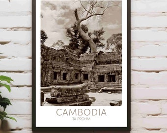 Fotografie Kambodscha Ta Prohm Tempel ANGKOR WAT | Schwarz-Weiß Sepia Fotografie | Reise Poster Geschenk Kambodscha | Angkor Wat Fotografie