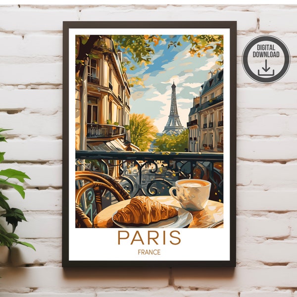 Travelposter Paris Eiffel Tower Cafe Croissant, France Retro Art Walldesign Travel Poster, Wall Art Print, Artwork, Design, Modern Art