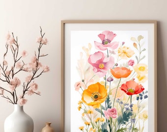 Cartel de flores silvestres de amapolas vintage, cartel de flores de primavera estilo acuarela, cartel decorativo mural de sala de estar, oficina, descarga digital