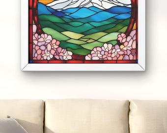 Digital Download Stained Glass Style Mount Fuji Wall Art, Cherry Blossom Japan Digital Print, Faux Stained Glass Effect, Japanese Landscape,