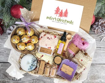 Christmas Spa Gift Box For Her, Self Care Package, Handmade Candle & Soap