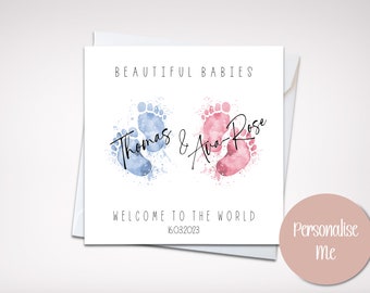 May include: A white card with blue and pink watercolor footprints and the text "Beautiful Babies Thomas & Ava-Rose Welcome to the World 16.03.2023"
