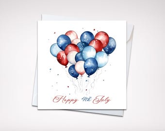 4th of July card, Independence Day card, Red White and blue card, American card, American coloured Balloons, 4th July, Balloons, celebration